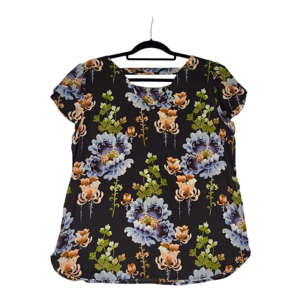 Ann Taylor LOFT Floral Flutter Sleeve Blouse Size Large Black Back Cutout Spring